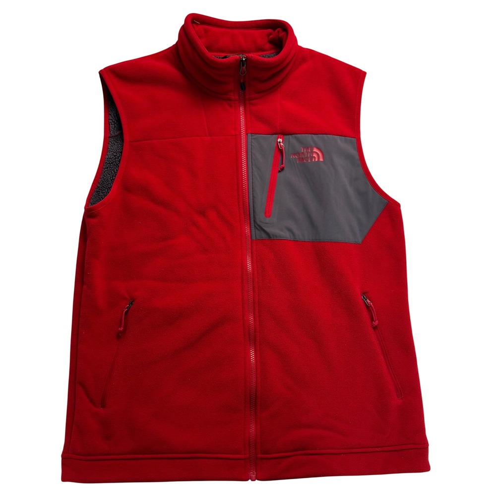 The North Face Mens Red Full Zip chimborazo Fleece Vest Grey Trim Large